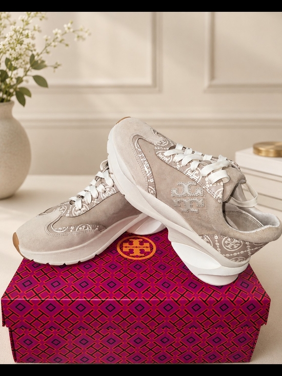 Tory Burch Shoes - Tory Burch Beige Logo Print Chunky Sneakers